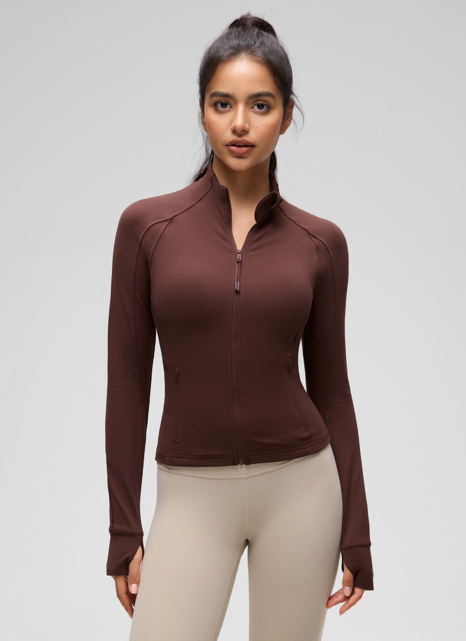 CRZ YOGA Women's Butterluxe Cropped Pocket Outerwear Full Zip Jackets Taupe @model_info:Liss