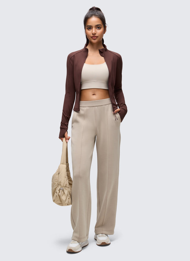 CRZ YOGA Women's Butterluxe Cropped Pocket Outerwear Full Zip Jackets Taupe @model_info:Liss