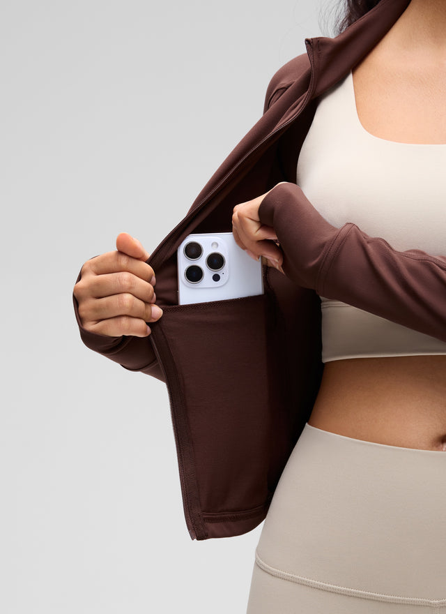 CRZ YOGA Women's Butterluxe Cropped Pocket Outerwear Full Zip Jackets Taupe @model_info:Liss