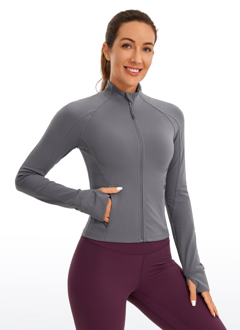 CRZ YOGA Women's Butterluxe Cropped Pocket Outerwear Full Zip Jackets Dark Carbon