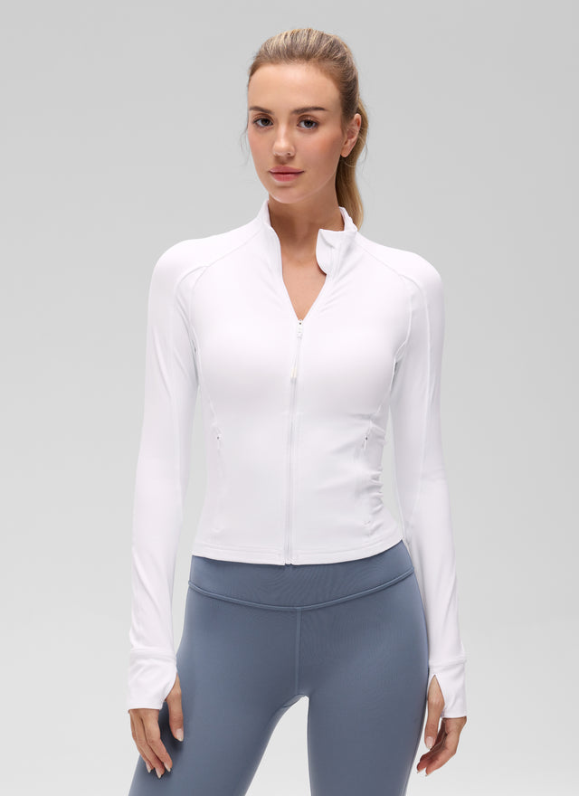 CRZ YOGA Women's Butterluxe Cropped Pocket Outerwear Full Zip Jackets White