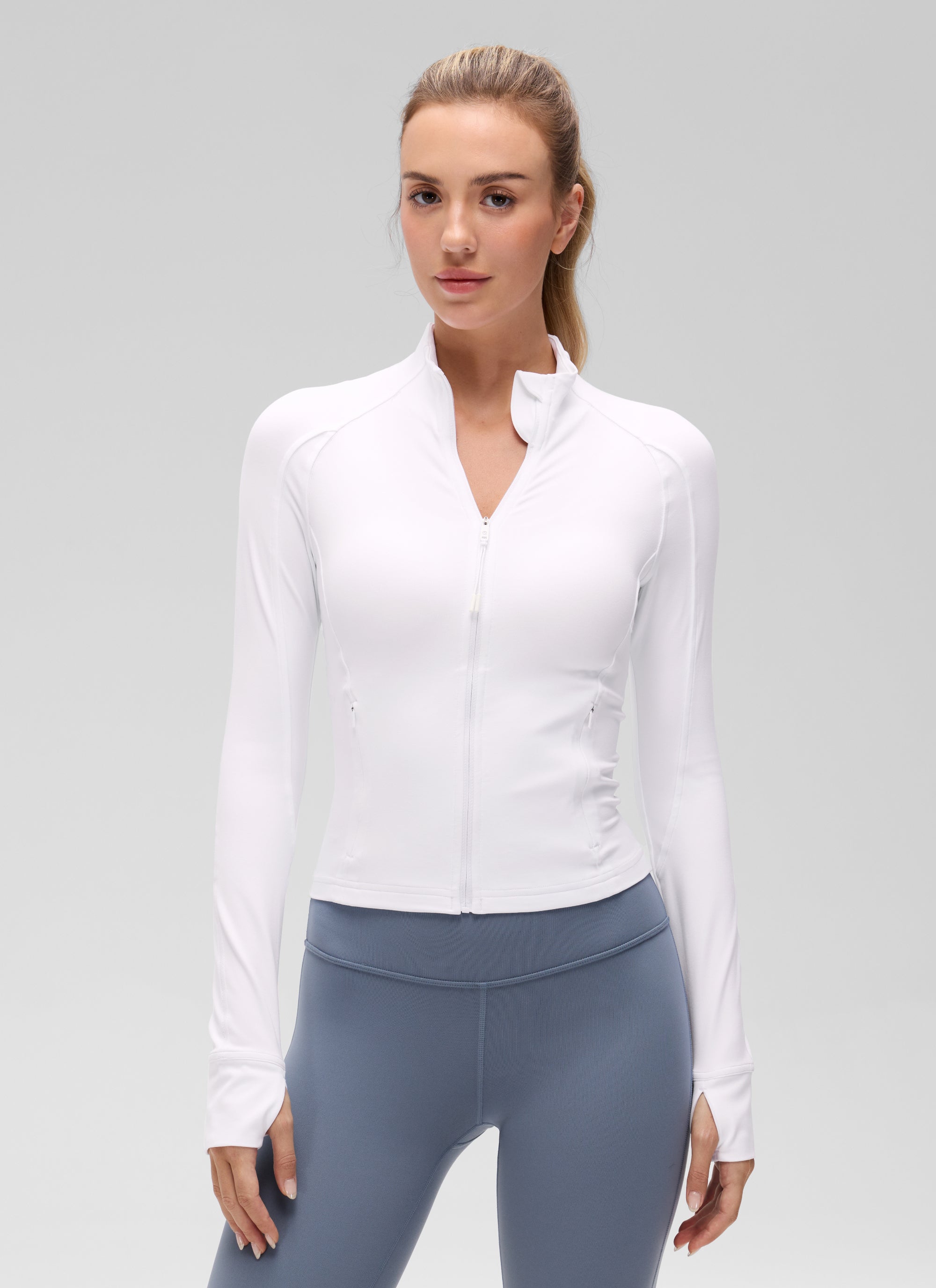 CRZ YOGA Women's Butterluxe Cropped Pocket Outerwear Full Zip Jackets White