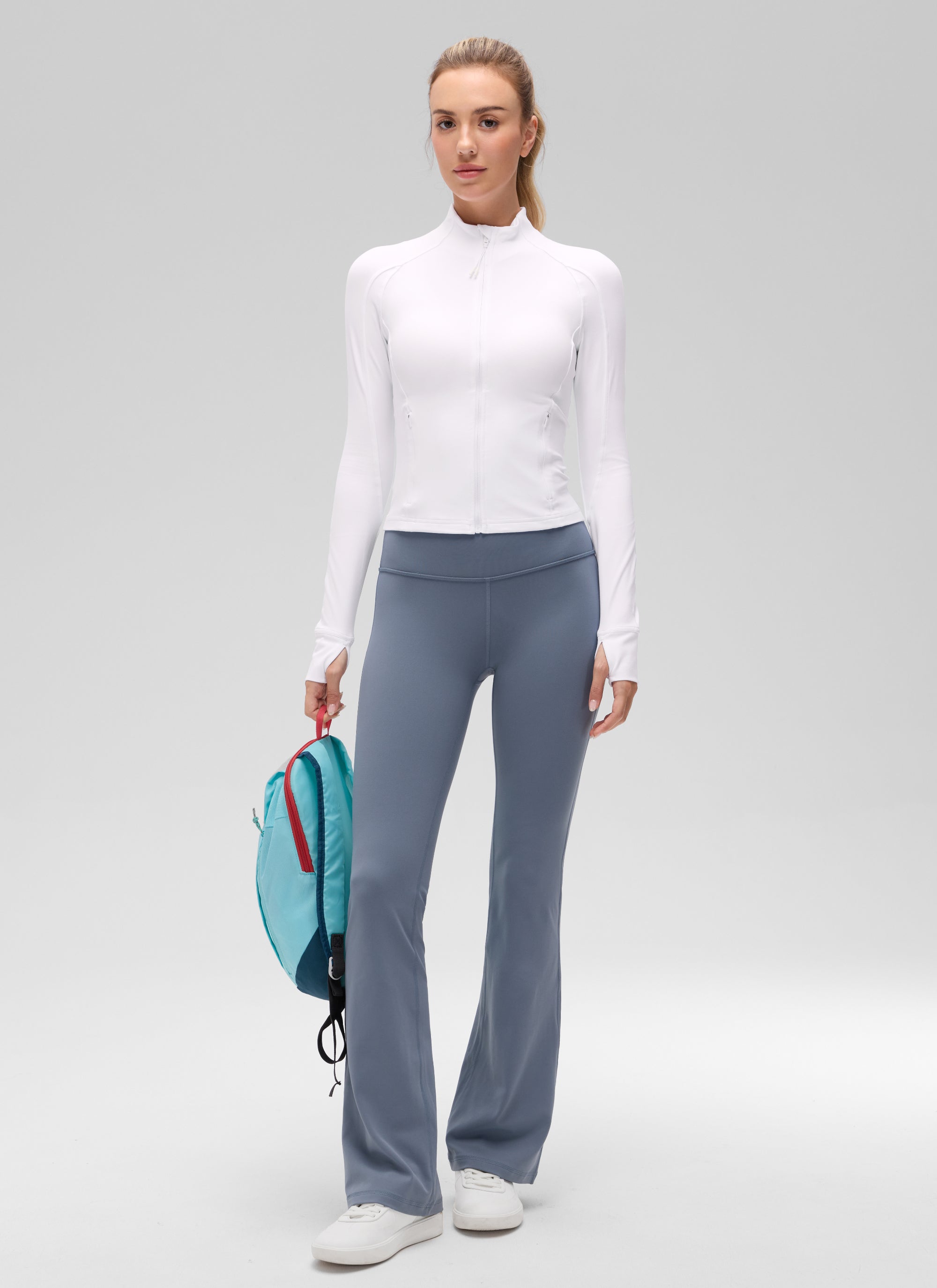 CRZ YOGA Women's Butterluxe Cropped Pocket Outerwear Full Zip Jackets White @model_info:Anna