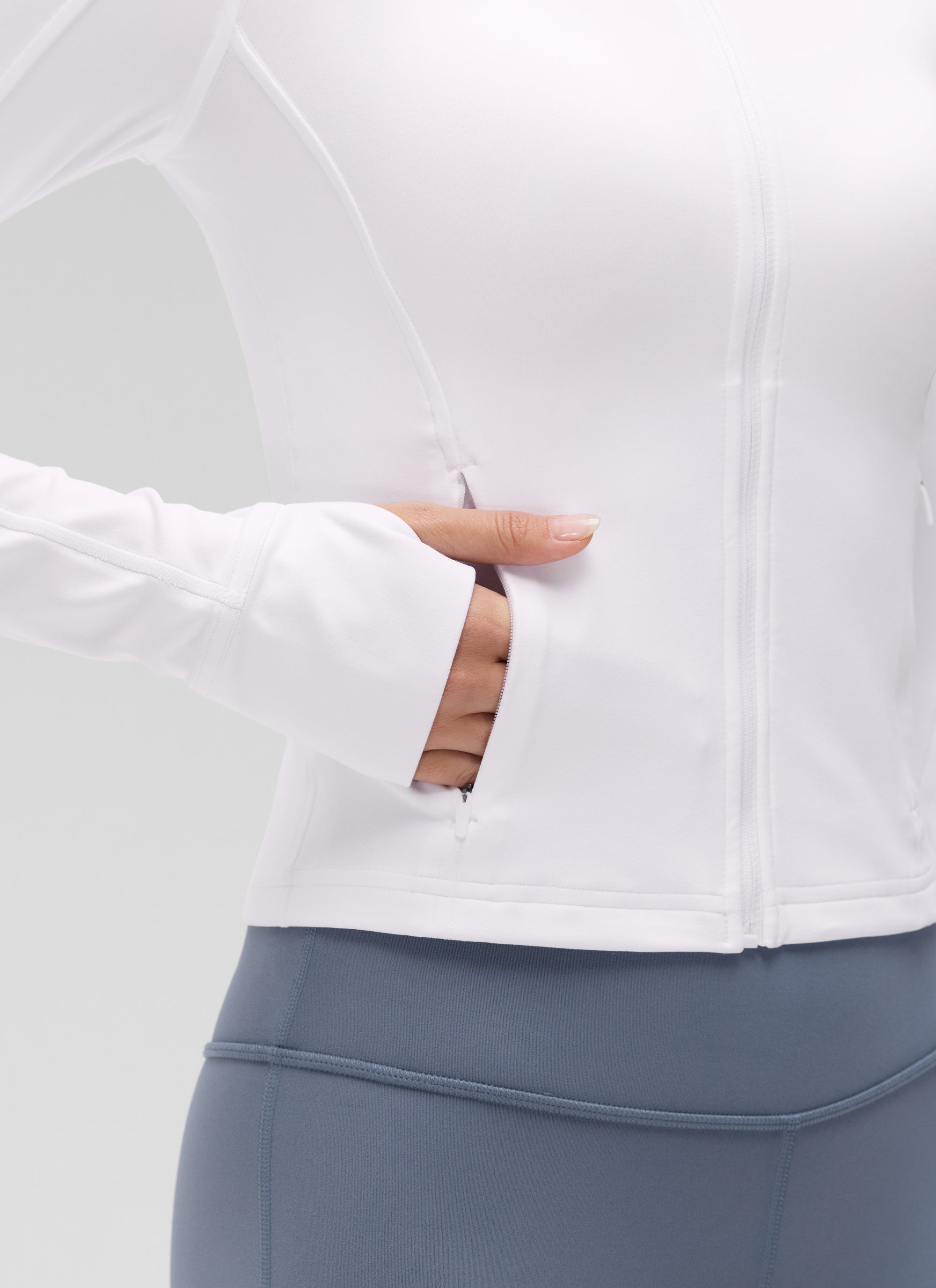 CRZ YOGA Women's Butterluxe Cropped Pocket Outerwear Full Zip Jackets White @model_info:Anna
