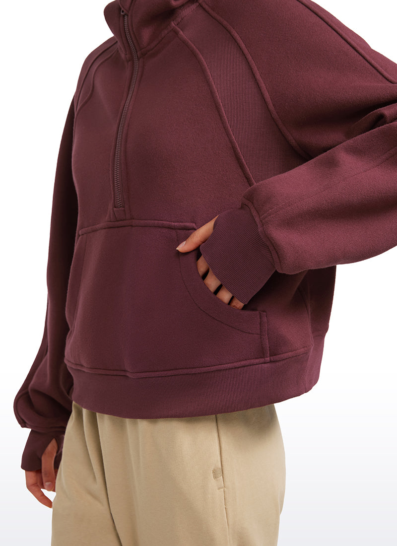 Fleece Lined Half Zip Hoodies with Thumb Holes