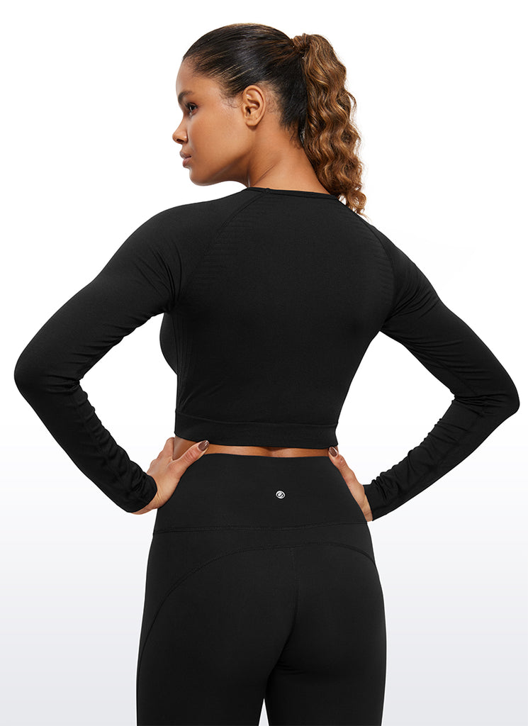 CRZ YOGA Women's Slim Fit Running Yoga Seamless Crop Long Sleeves Black