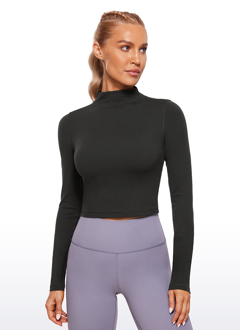 CRZ YOGA Women's Slim Fit Butterluxe Yoga Crop Long Sleeves Mock Turtleneck Black @model_info:NAT