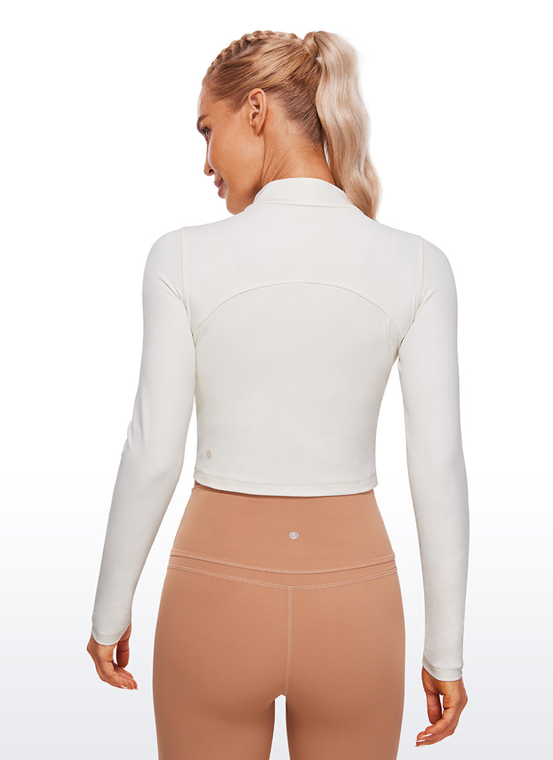 CRZ YOGA Women's Slim Fit Butterluxe Yoga Crop Long Sleeves Mock Turtleneck White Apricot @model_info:NAT