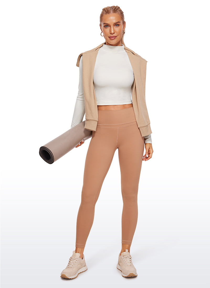 CRZ YOGA Women's Slim Fit Butterluxe Yoga Crop Long Sleeves Mock Turtleneck White Apricot @model_info:NAT