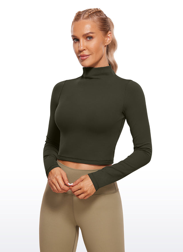 CRZ YOGA Women's Slim Fit Butterluxe Yoga Crop Long Sleeves Mock Turtleneck Olive Green @model_info:NAT