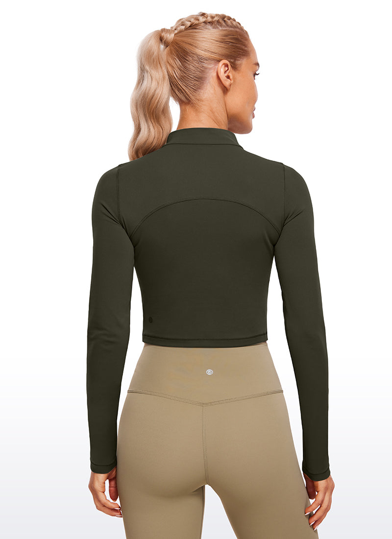 CRZ YOGA Women's Slim Fit Butterluxe Yoga Crop Long Sleeves Mock Turtleneck Olive Green @model_info:NAT