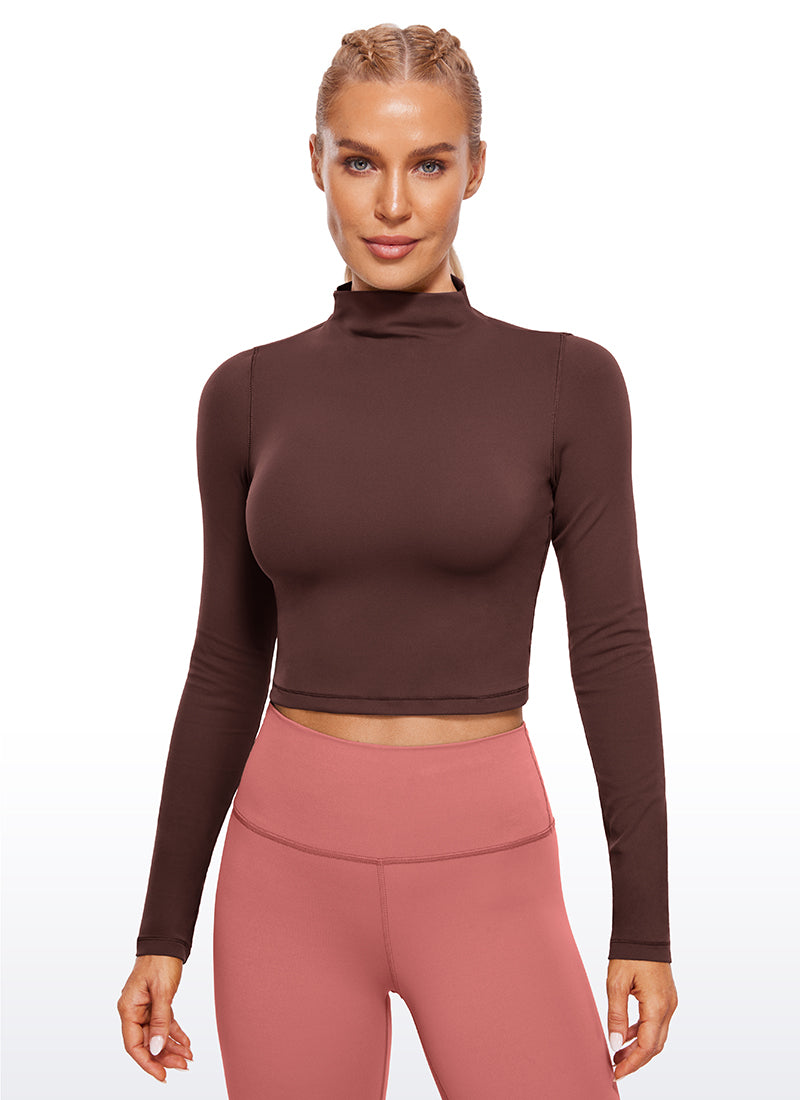 CRZ YOGA Women's Slim Fit Butterluxe Yoga Crop Long Sleeves Mock Turtleneck Taupe @model_info:NAT