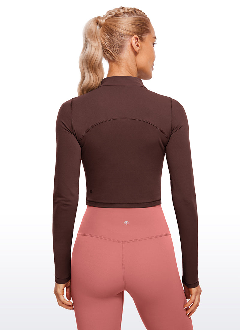 CRZ YOGA Women's Slim Fit Butterluxe Yoga Crop Long Sleeves Mock Turtleneck Taupe @model_info:NAT