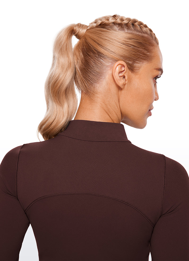 CRZ YOGA Women's Slim Fit Butterluxe Yoga Crop Long Sleeves Mock Turtleneck Taupe @model_info:NAT