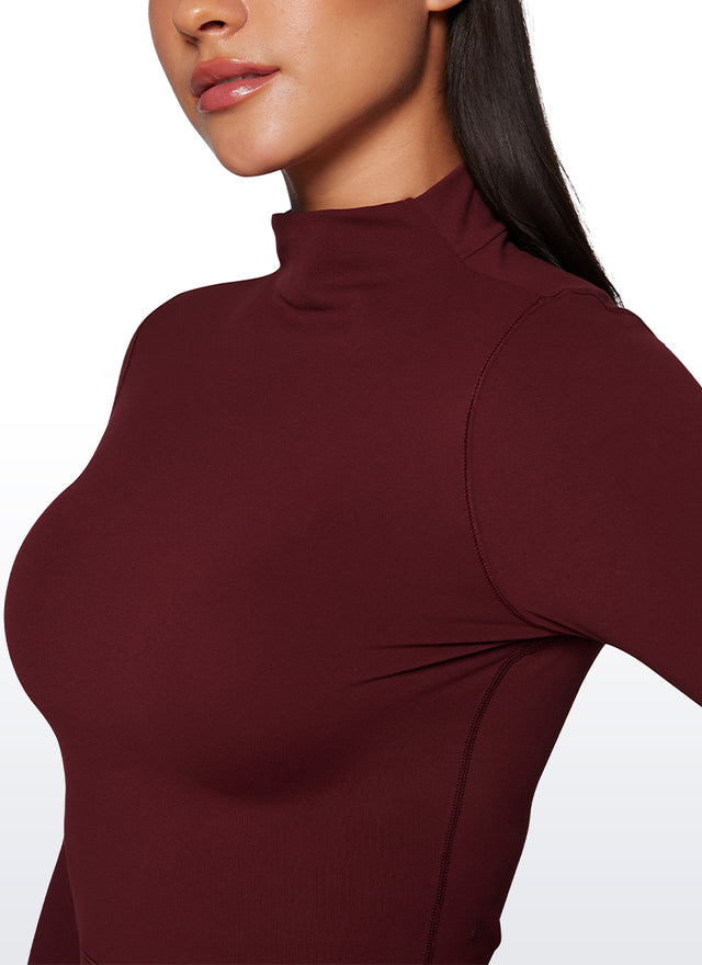 CRZ YOGA Women's Slim Fit Butterluxe Yoga Crop Long Sleeves Mock Turtleneck Red Merlot