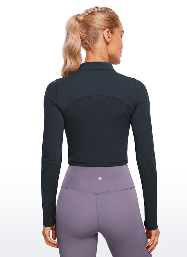 CRZ YOGA Women's Slim Fit Butterluxe Yoga Crop Long Sleeves Mock Turtleneck True Navy