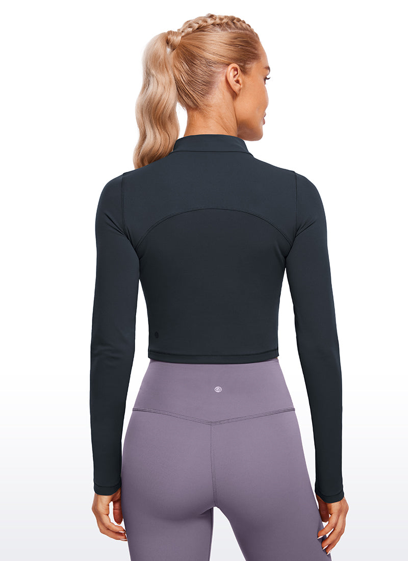 CRZ YOGA Women's Slim Fit Butterluxe Yoga Crop Long Sleeves Mock Turtleneck True Navy @model_info:NAT