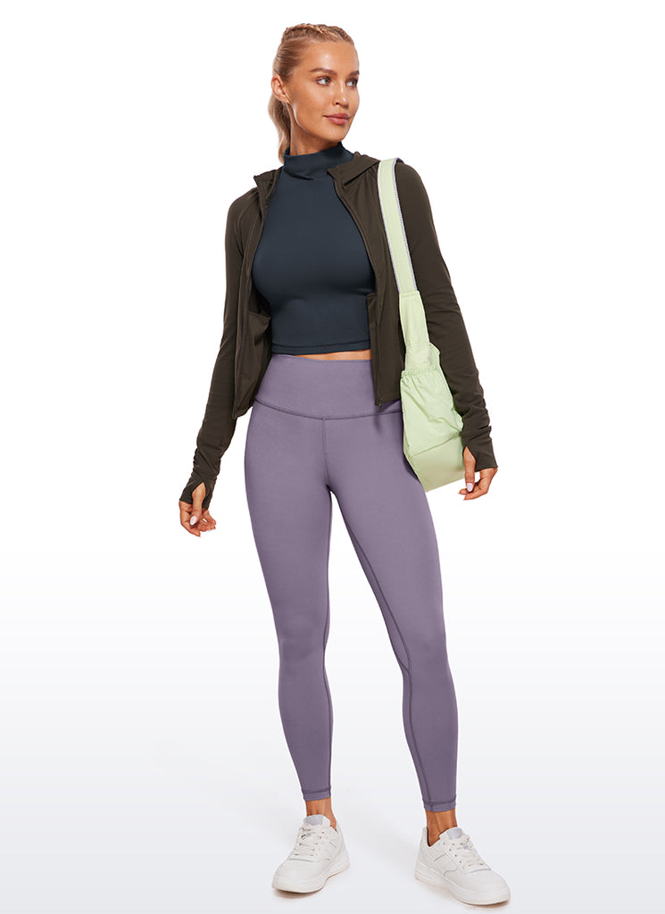 CRZ YOGA Women's Slim Fit Butterluxe Yoga Crop Long Sleeves Mock Turtleneck Taupe