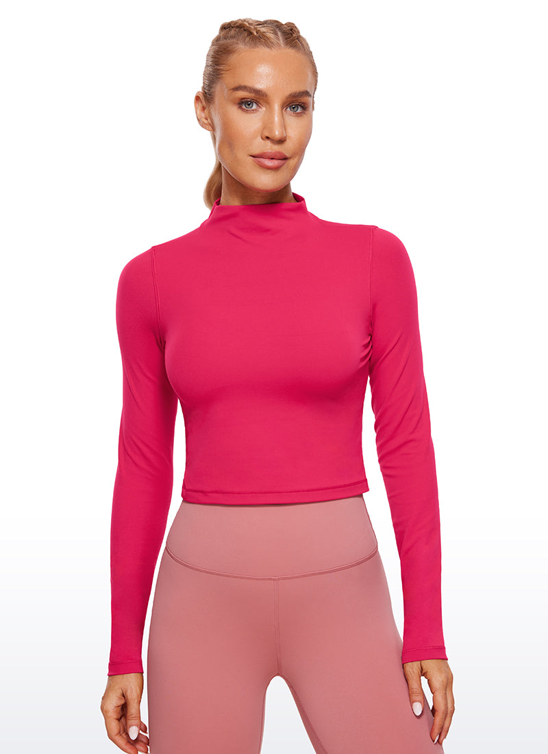 CRZ YOGA Women's Slim Fit Butterluxe Yoga Crop Long Sleeves Mock Turtleneck Viva Magenta @model_info:NAT