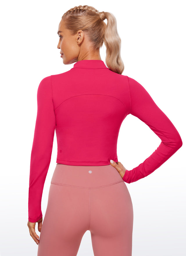 CRZ YOGA Women's Slim Fit Butterluxe Yoga Crop Long Sleeves Mock Turtleneck Viva Magenta @model_info:NAT