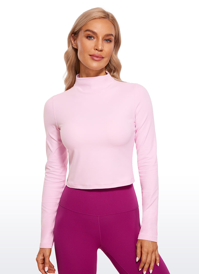 CRZ YOGA Women's Slim Fit Butterluxe Yoga Crop Long Sleeves Mock Turtleneck Pink Peony @model_info:NAT