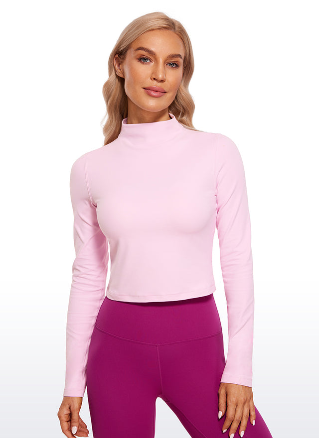 CRZ YOGA Women's Slim Fit Butterluxe Yoga Crop Long Sleeves Mock Turtleneck Pink Peony