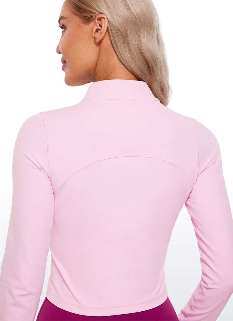 CRZ YOGA Women's Slim Fit Butterluxe Yoga Crop Long Sleeves Mock Turtleneck Pink Peony @model_info:NAT