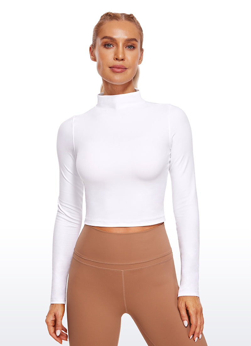 CRZ YOGA Women's Slim Fit Butterluxe Yoga Crop Long Sleeves Mock Turtleneck White