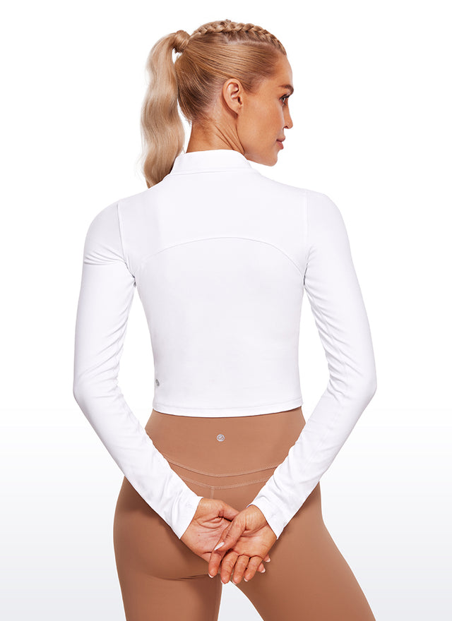 CRZ YOGA Women's Slim Fit Butterluxe Yoga Crop Long Sleeves Mock Turtleneck White