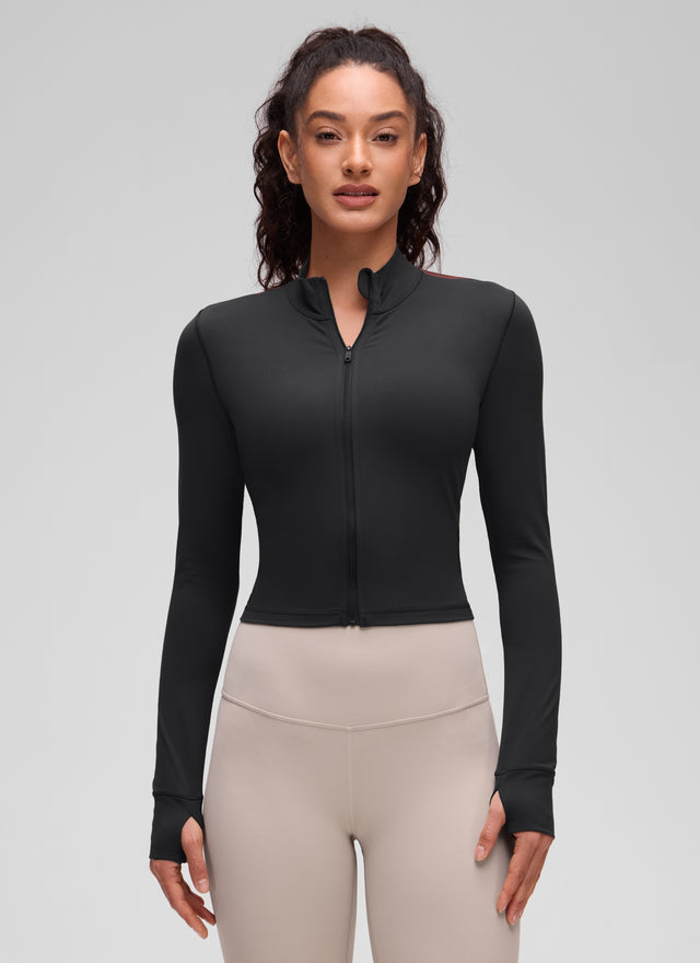 CRZ YOGA Women's Butterluxe Cropped Outerwear Full Zip Jackets Black @model_info:Larissa