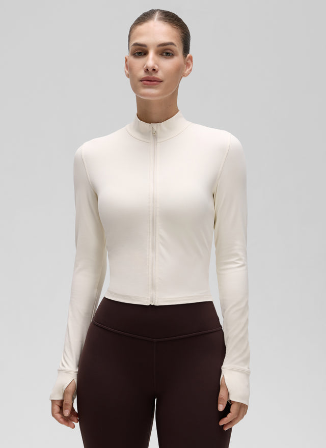 CRZ YOGA Women's Butterluxe Cropped Outerwear Full Zip Jackets White Apricot @model_info:J