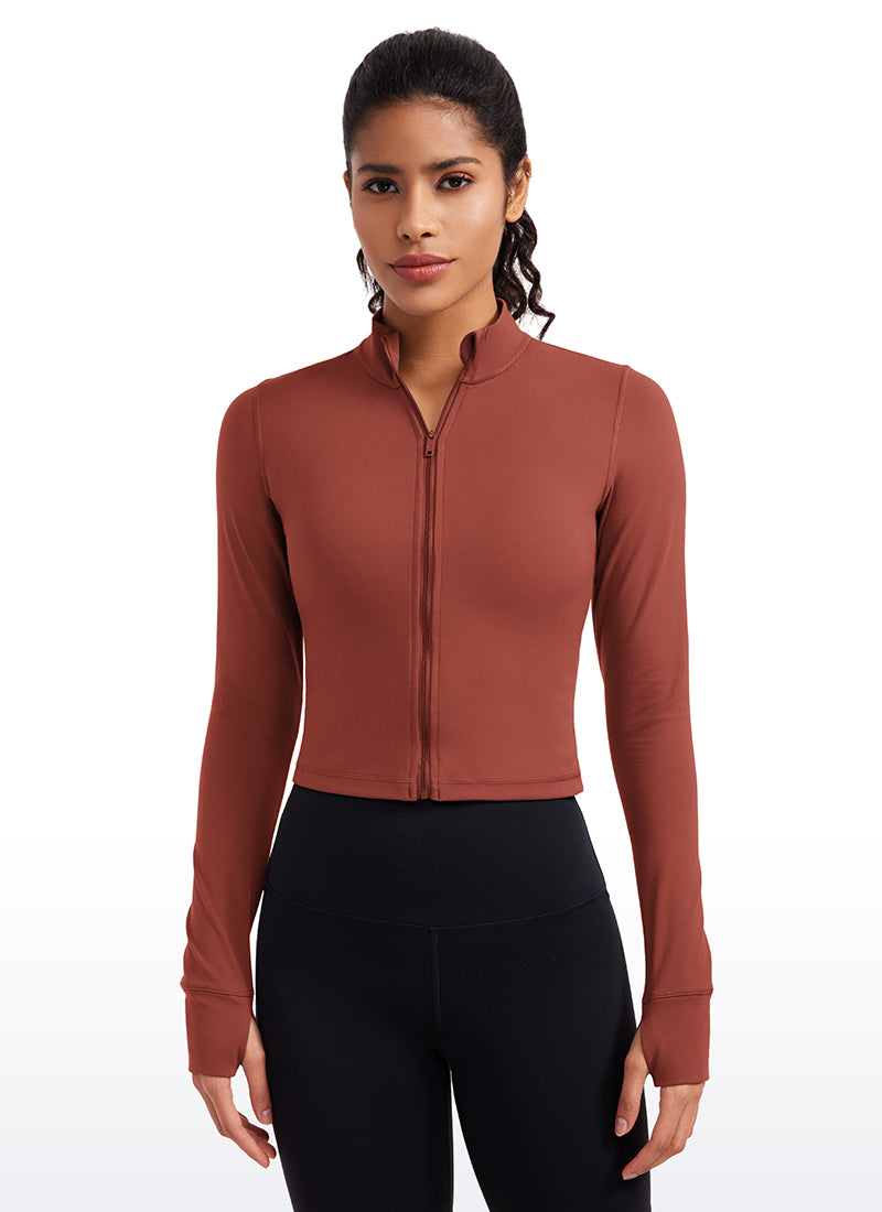 CRZ YOGA Women's Butterluxe Cropped Outerwear Full Zip Jackets Jujube Brown