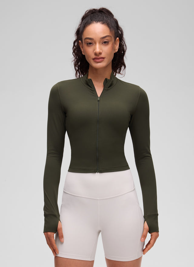 CRZ YOGA Women's Butterluxe Cropped Outerwear Full Zip Jackets Olive Green @model_info:Larissa
