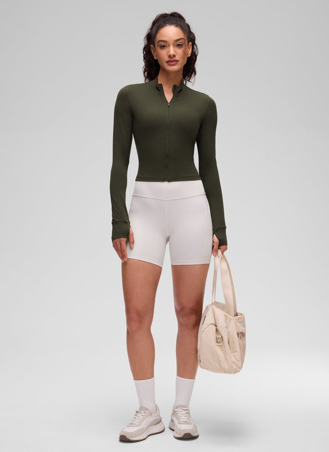 CRZ YOGA Women's Butterluxe Cropped Outerwear Full Zip Jackets Olive Green @model_info:Larissa