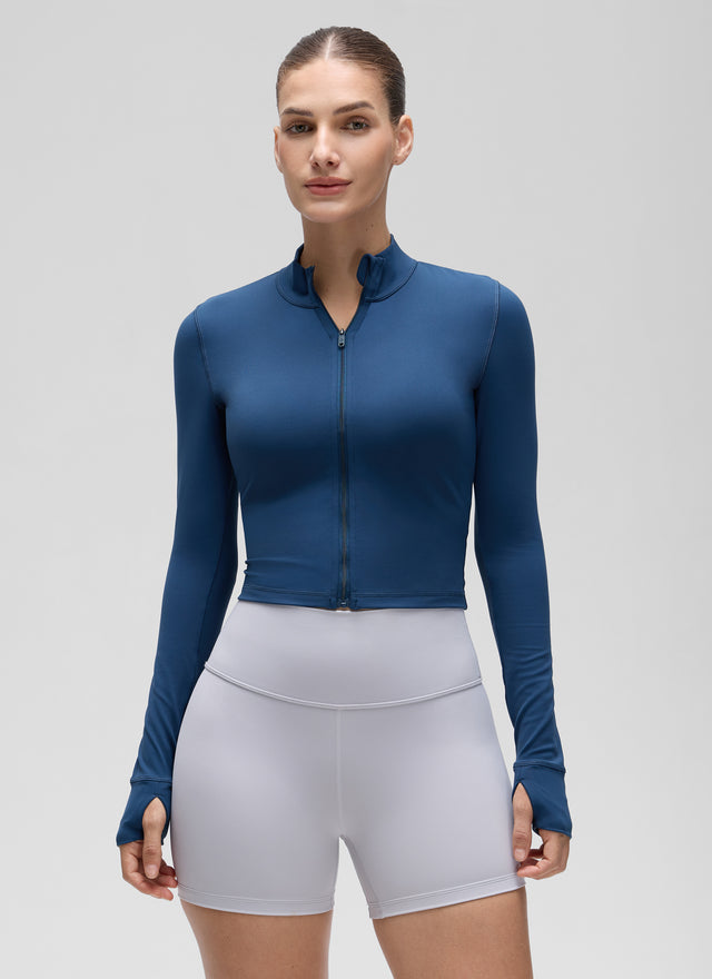 CRZ YOGA Women's Butterluxe Cropped Outerwear Full Zip Jackets French Navy @model_info:J