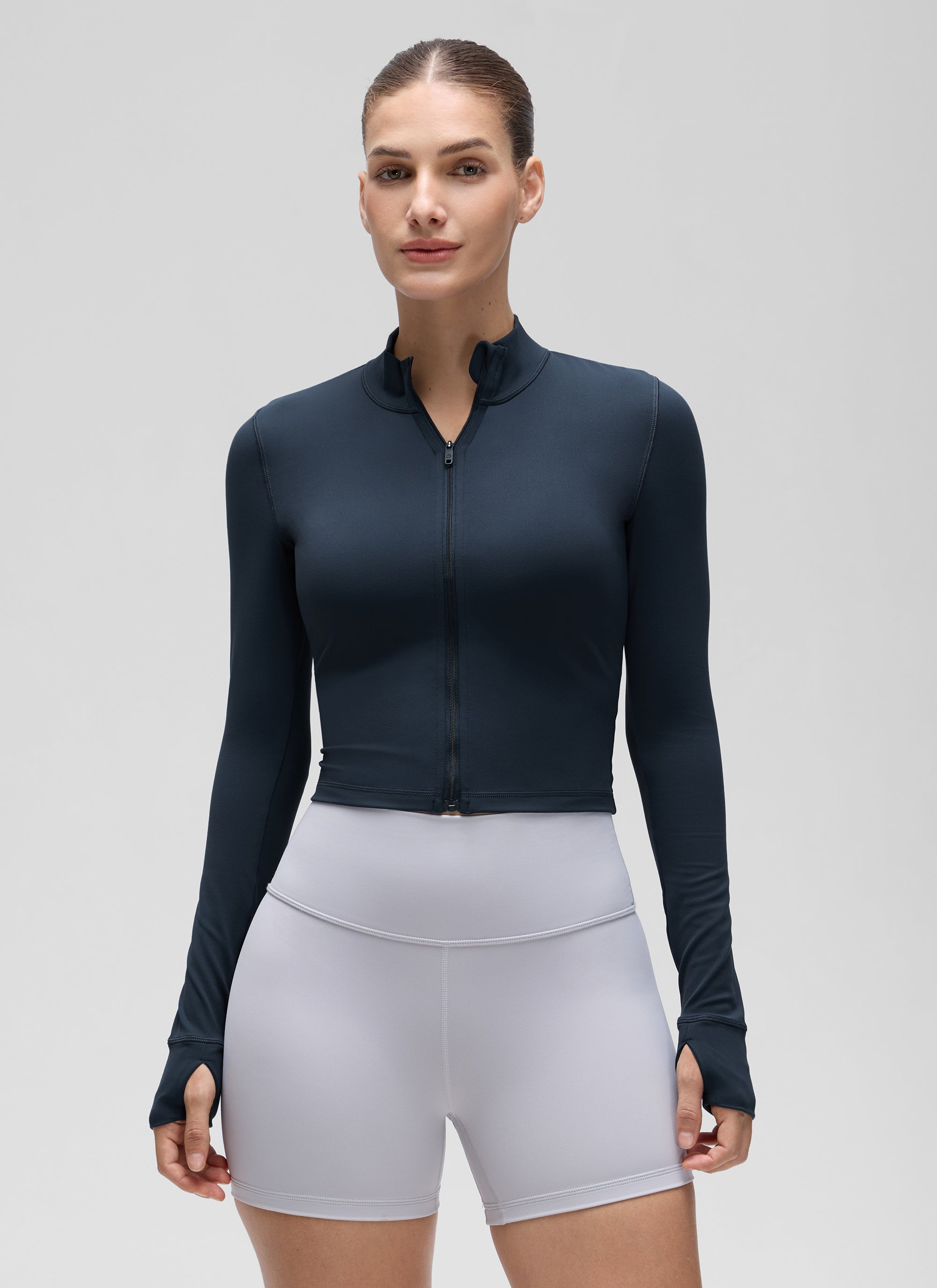 CRZ YOGA Women's Butterluxe Cropped Outerwear Full Zip Jackets Twilight Blue