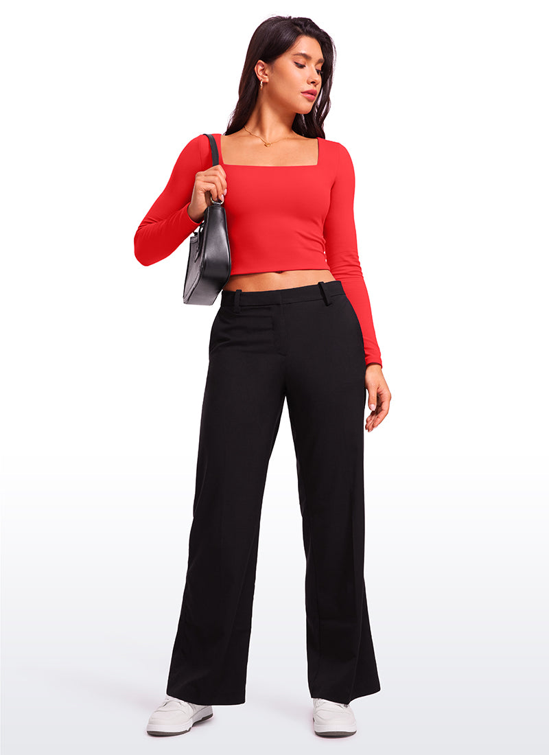 CRZ YOGA Women's Tight Fit Butterluxe Yoga Crop Long Sleeves Square Neck Deep Red