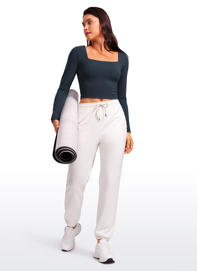 CRZ YOGA Women's Tight Fit Butterluxe Yoga Crop Long Sleeves Square Neck True Navy