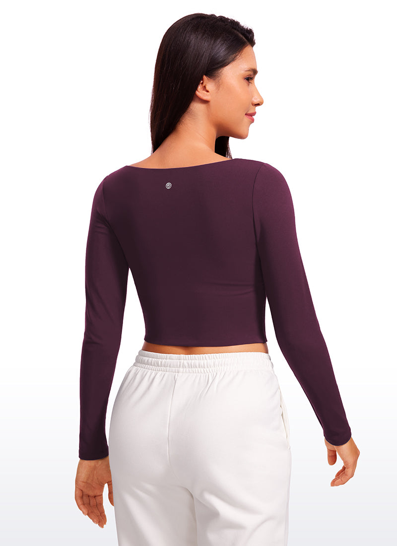 CRZ YOGA Women's Tight Fit Butterluxe Yoga Crop Long Sleeves Square Neck Deep Purple