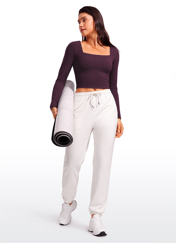 CRZ YOGA Women's Tight Fit Butterluxe Yoga Crop Long Sleeves Square Neck True Navy