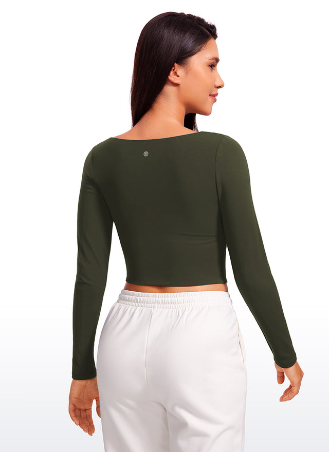 CRZ YOGA Women's Tight Fit Butterluxe Yoga Crop Long Sleeves Square Neck Olive Green