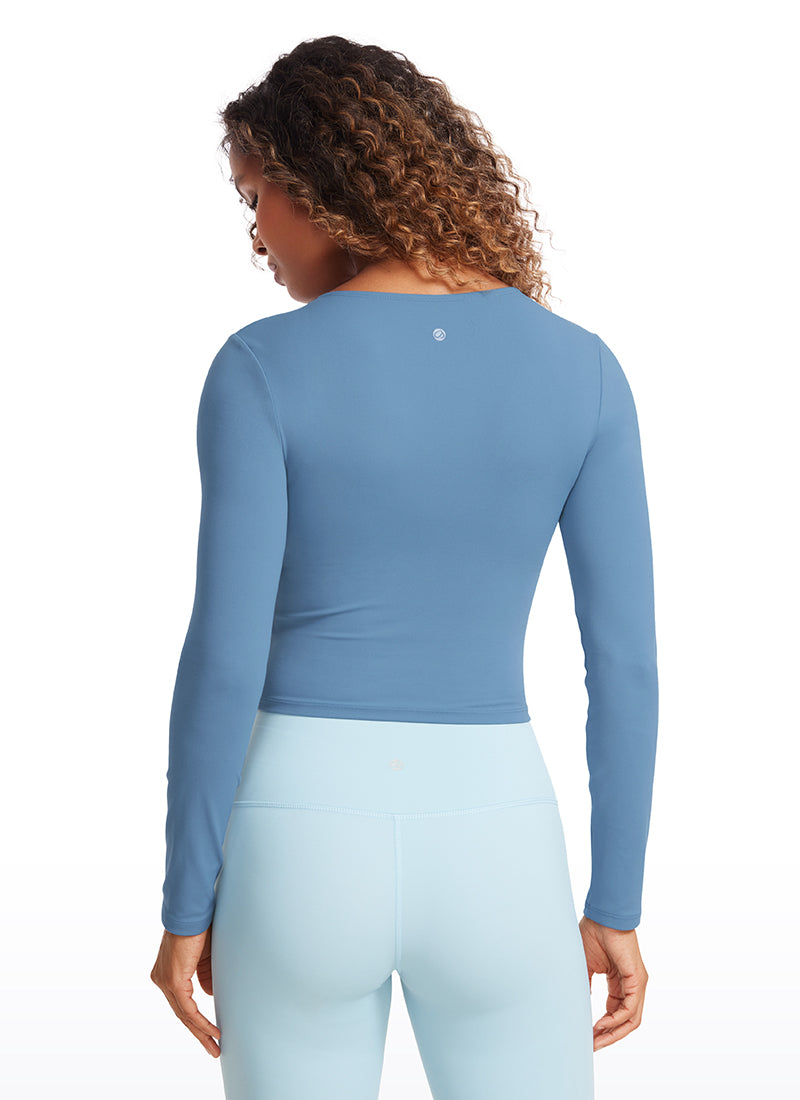 CRZ YOGA Women's Slim Fit Yoga Butterluxe Crop Long Sleeves Front Seam Universe Blue @model_info:Gigi