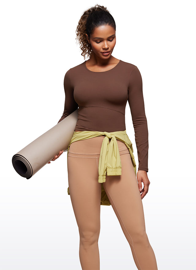 CRZ YOGA Women's Slim Fit Yoga Butterluxe Crop Long Sleeves Front Seam Coffee Brown