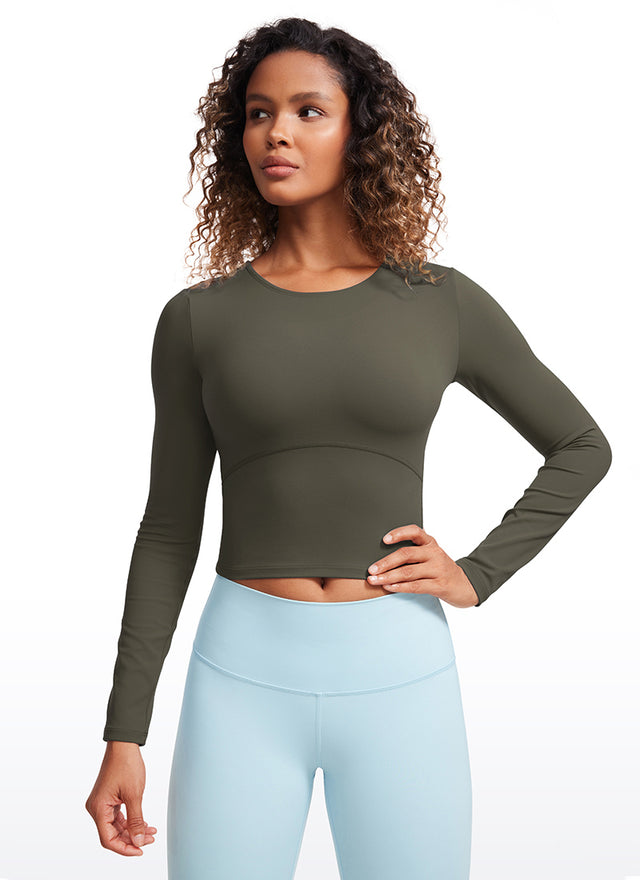 CRZ YOGA Women's Slim Fit Yoga Butterluxe Crop Long Sleeves Front Seam Light Army Green @model_info:Gigi
