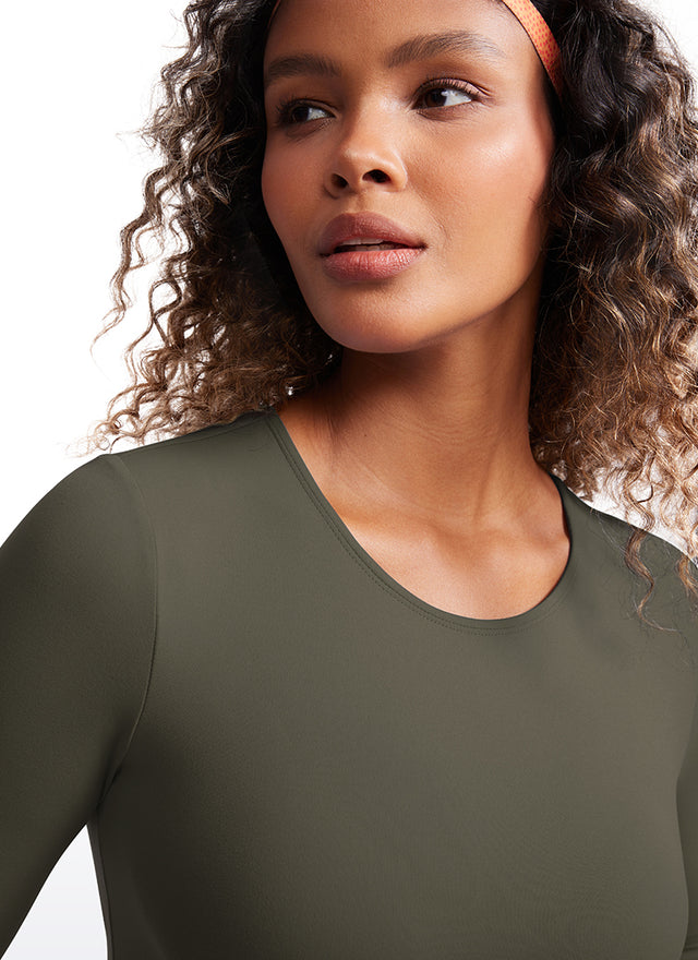 CRZ YOGA Women's Slim Fit Yoga Butterluxe Crop Long Sleeves Front Seam Light Army Green @model_info:Gigi