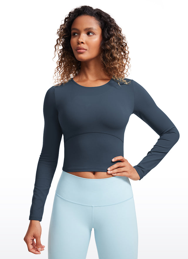 CRZ YOGA Women's Slim Fit Yoga Butterluxe Crop Long Sleeves Front Seam Stelindigo