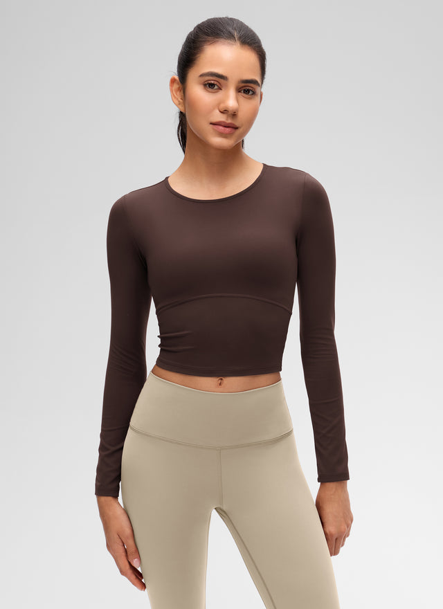 CRZ YOGA Women's Slim Fit Yoga Butterluxe Crop Long Sleeves Front Seam Hot Fudge Brown