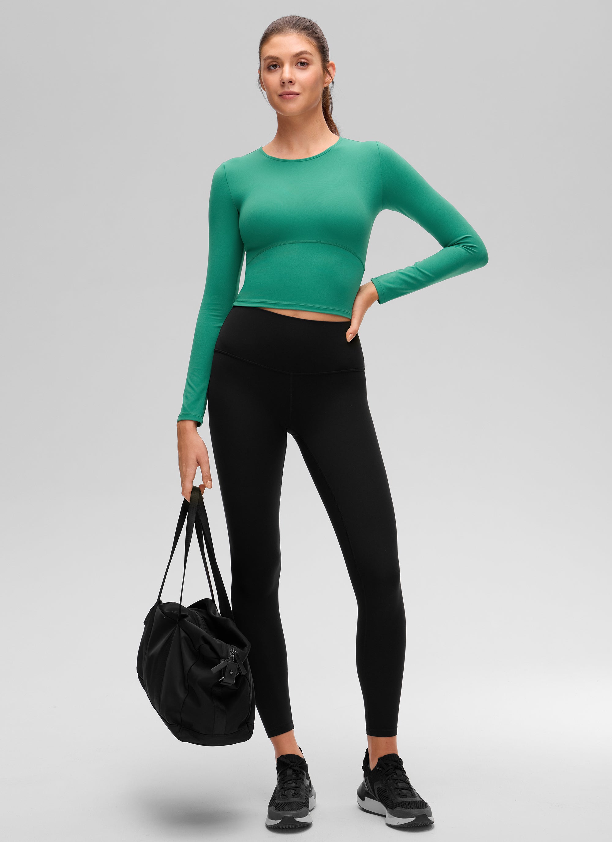 CRZ YOGA Women's Slim Fit Yoga Butterluxe Crop Long Sleeves Front Seam Cascadia Green @model_info:Gelya