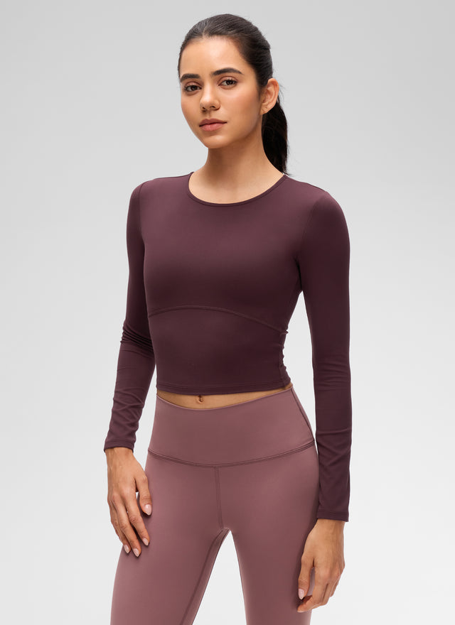 CRZ YOGA Women's Slim Fit Yoga Butterluxe Crop Long Sleeves Front Seam Ripe Plum @model_info:Beatriz