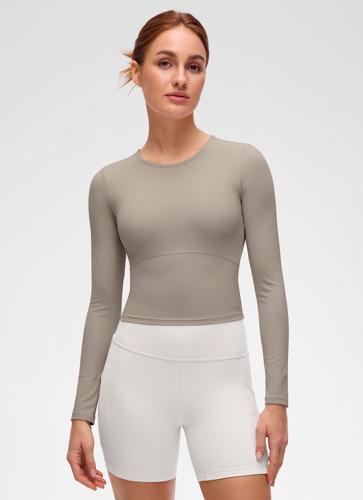 CRZ YOGA Women's Slim Fit Yoga Butterluxe Crop Long Sleeves Front Seam Warm Ash Grey @model_info:Anja